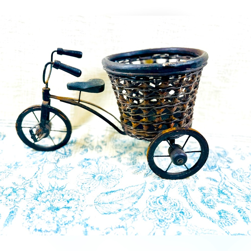 Vintage Metal & Wood Tricycle Bicycle Plant Stand Planter w Wicker Basket